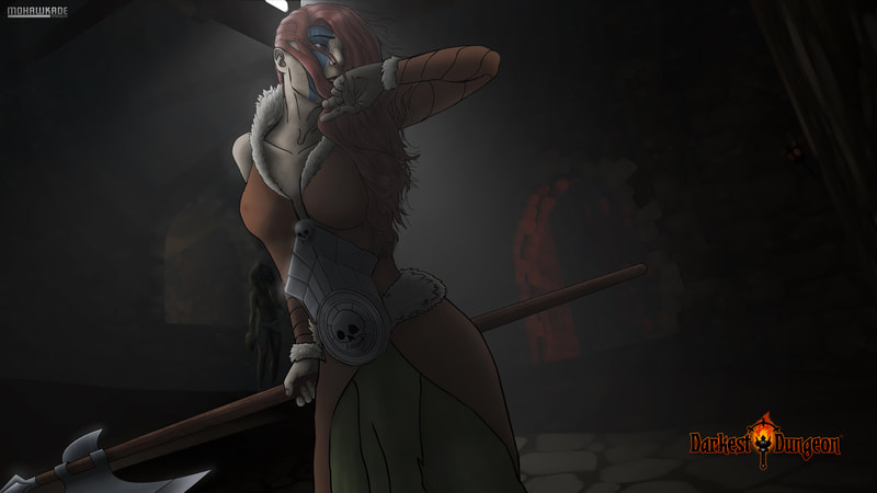A 2D drawing of a weeping woman with a polearm in a dark dungeon.