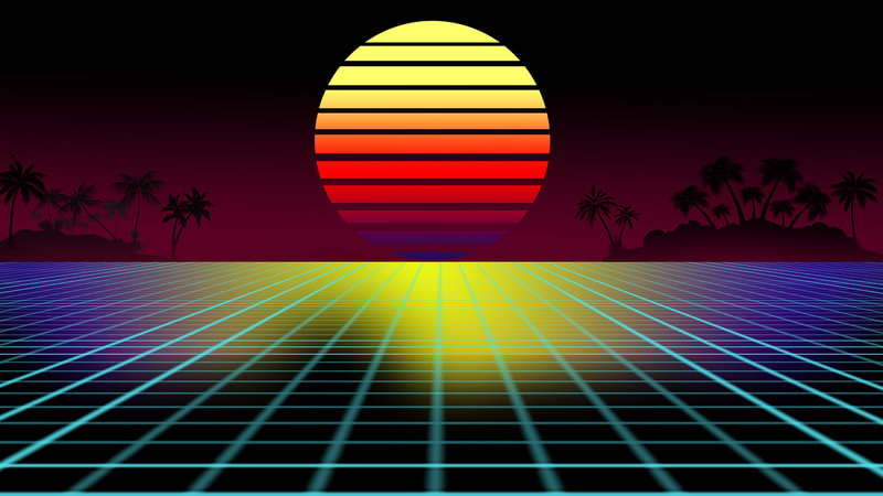 Image of a striped sun setting over a grid ocean with distant palm trees in the background.