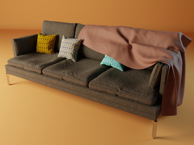 A 3D rendered image of a greyish brown couch with three pillows and a blanket strewn overtop.